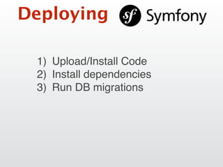 Deploying
1) Upload/Install Code
2) Install dependencies
3) Run DB migrations
 