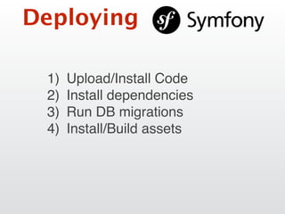 Deploying
1) Upload/Install Code
2) Install dependencies
3) Run DB migrations
4) Install/Build assets
 