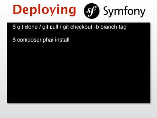 Deploying
$ git clone / git pull / git checkout -b branch tag
$ composer.phar install
 