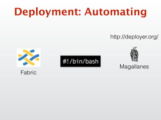 Deployment: Automating
Fabric
http://deployer.org/
Magallanes
 