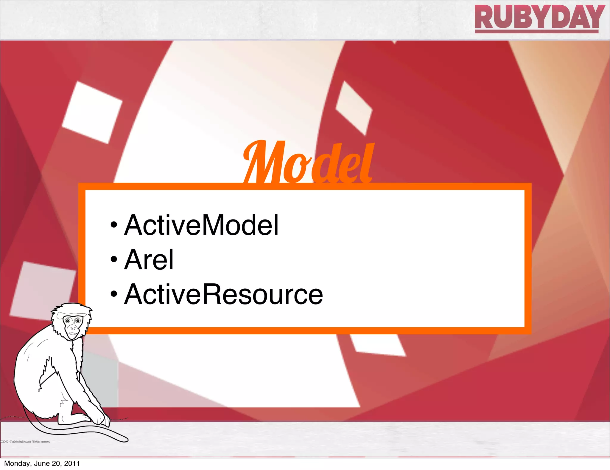 M
                        • ActiveModel
                        • Arel
                        • ActiveResource




Monday, June 20, 2011
 