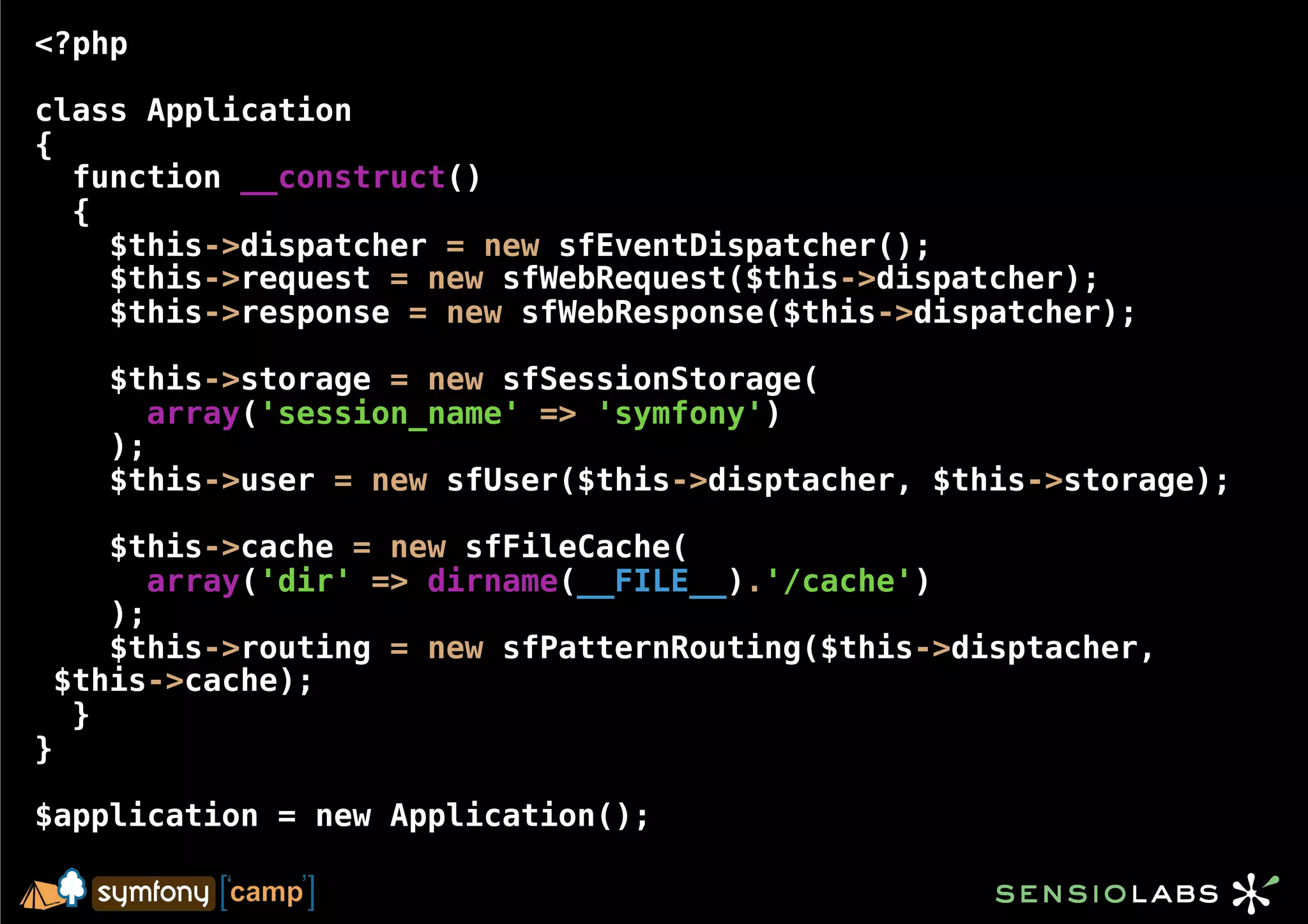 <?php

class Application
{
  function __construct()
  {
    $this->dispatcher = new sfEventDispatcher();
    $this->request = new sfWebRequest($this->dispatcher);
    $this->response = new sfWebResponse($this->dispatcher);

    $this->storage = new sfSessionStorage(
       array('session_name' => 'symfony')
    );
    $this->user = new sfUser($this->disptacher, $this->storage);

    $this->cache = new sfFileCache(
       array('dir' => dirname(__FILE__).'/cache')
    );
    $this->routing = new sfPatternRouting($this->disptacher,
 $this->cache);
  }
}

$application = new Application();
 