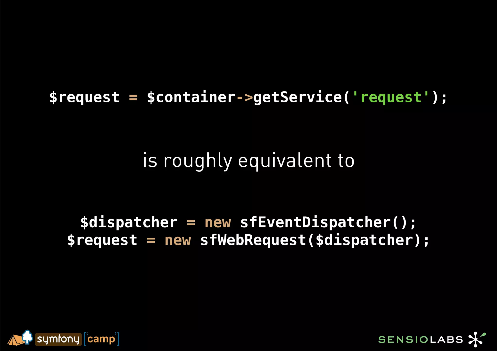 $request = $container->getService('request');



          is roughly equivalent to

    $dispatcher = new sfEventDispatcher();
  $request = new sfWebRequest($dispatcher);
 