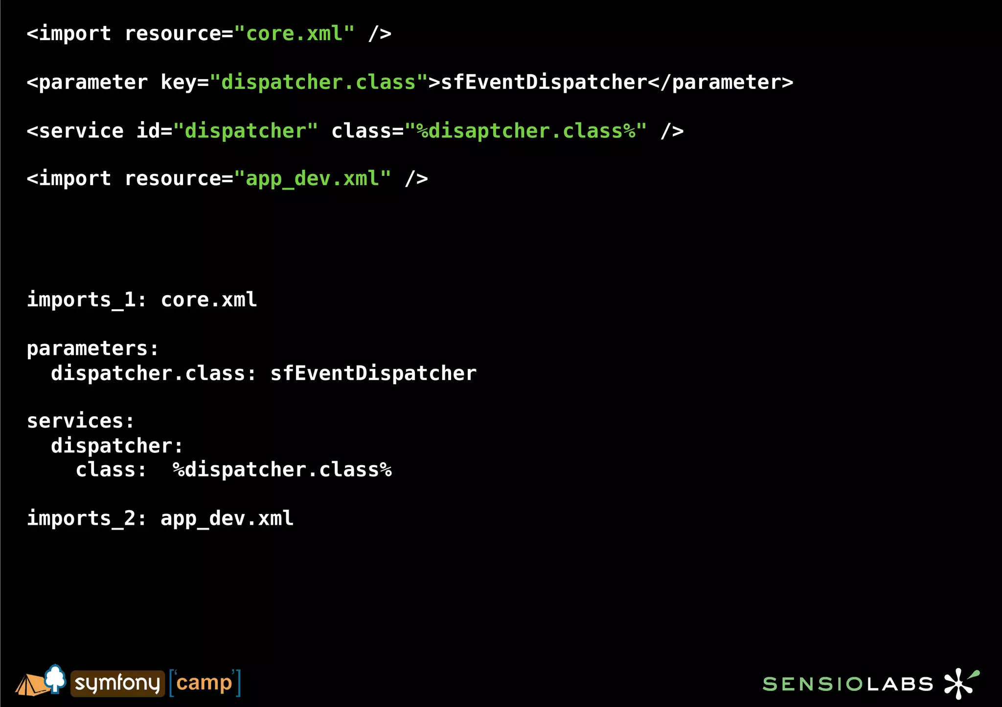 <import resource="core.xml" />

<parameter key="dispatcher.class">sfEventDispatcher</parameter>

<service id="dispatcher" class="%disaptcher.class%" />

<import resource="app_dev.xml" />




imports_1: core.xml

parameters:
  dispatcher.class: sfEventDispatcher

services:
  dispatcher:
    class: %dispatcher.class%

imports_2: app_dev.xml
 