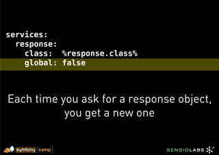 services:
  response:
    class: %response.class%
    global: false



Each time you ask for a response object,
           you get a new one
 
