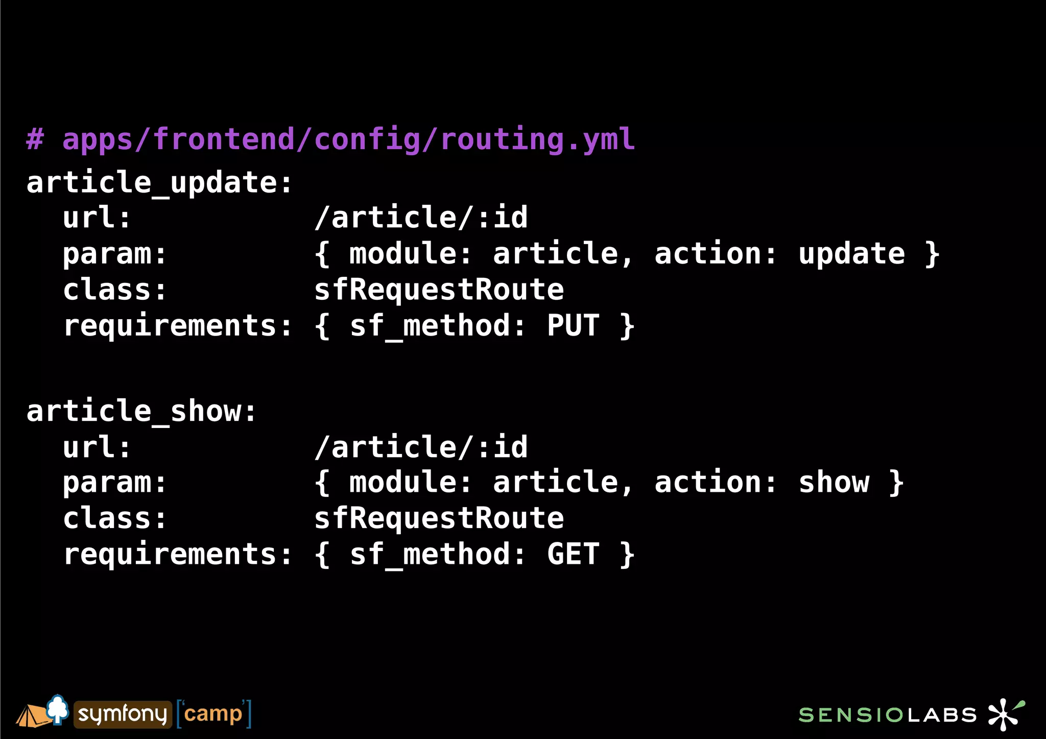 # apps/frontend/config/routing.yml
article_update:
  url:          /article/:id
  param:        { module: article, action: update }
  class:        sfRequestRoute
  requirements: { sf_method: PUT }

article_show:
  url:            /article/:id
  param:          { module: article, action: show }
  class:          sfRequestRoute
  requirements:   { sf_method: GET }
 