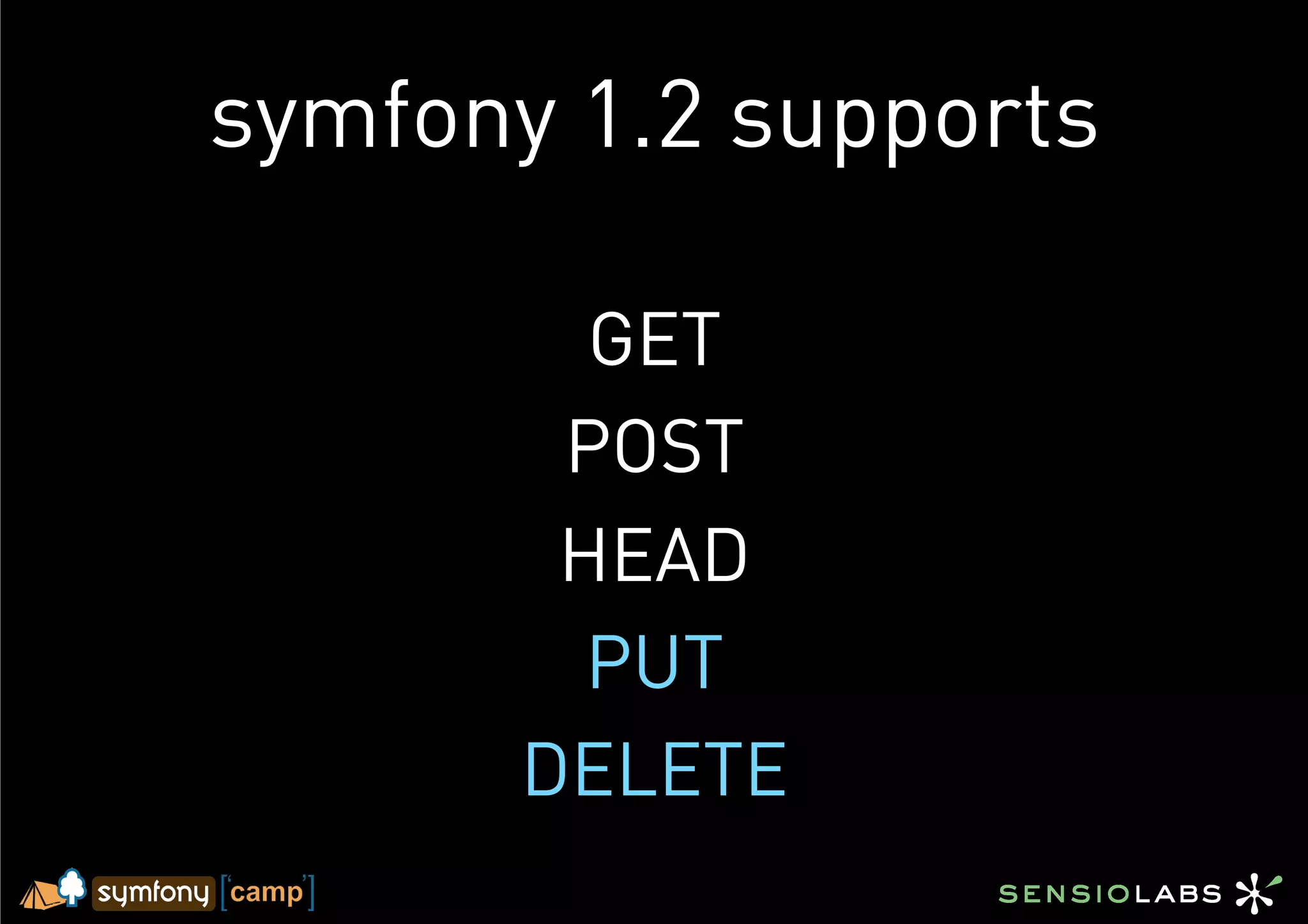 symfony 1.2 supports

        GET
       POST
       HEAD
        PUT
      DELETE
 