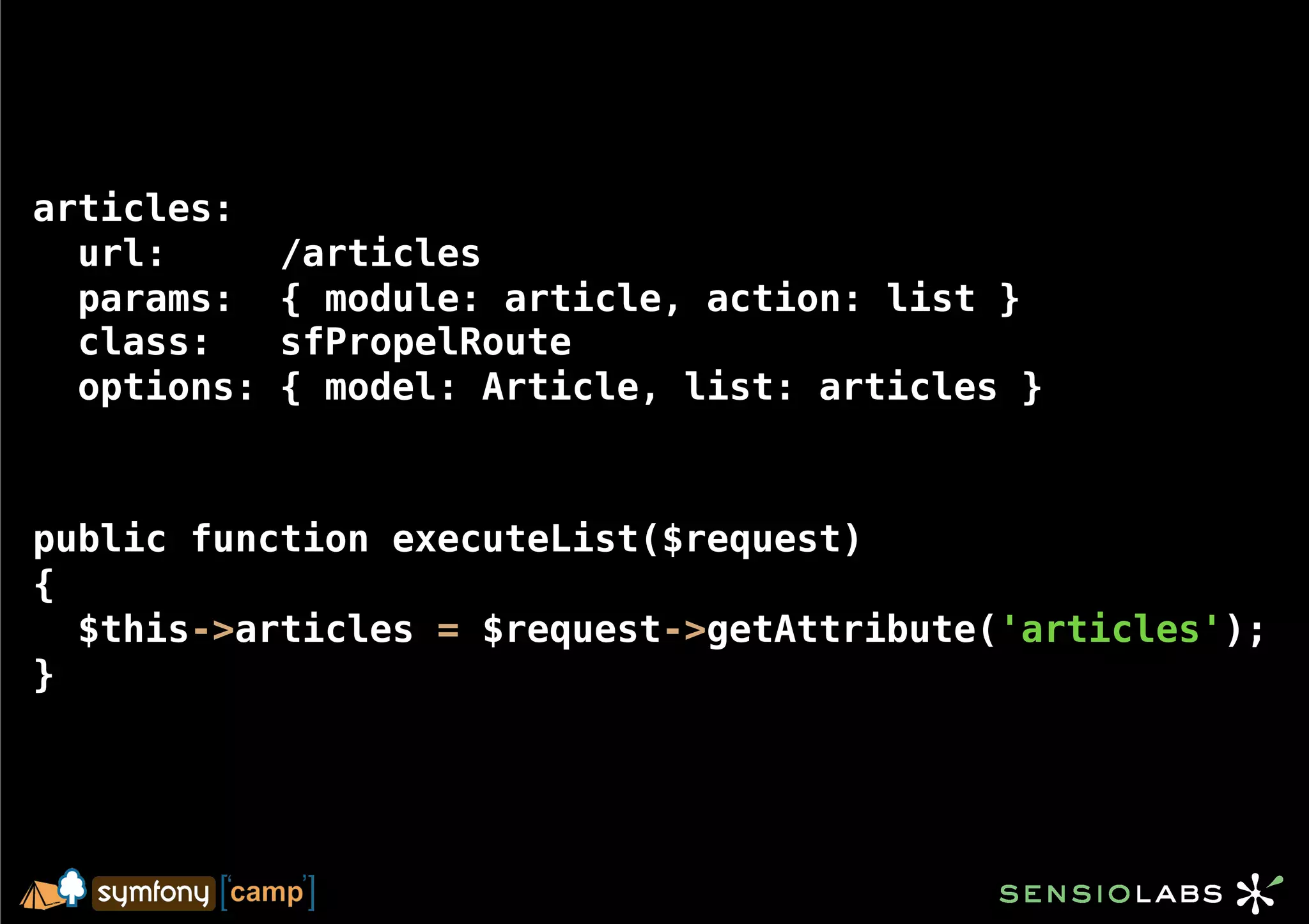 articles:
  url:       /articles
  params:    { module: article, action: list }
  class:     sfPropelRoute
  options:   { model: Article, list: articles }



public function executeList($request)
{
  $this->articles = $request->getAttribute('articles');
}
 
