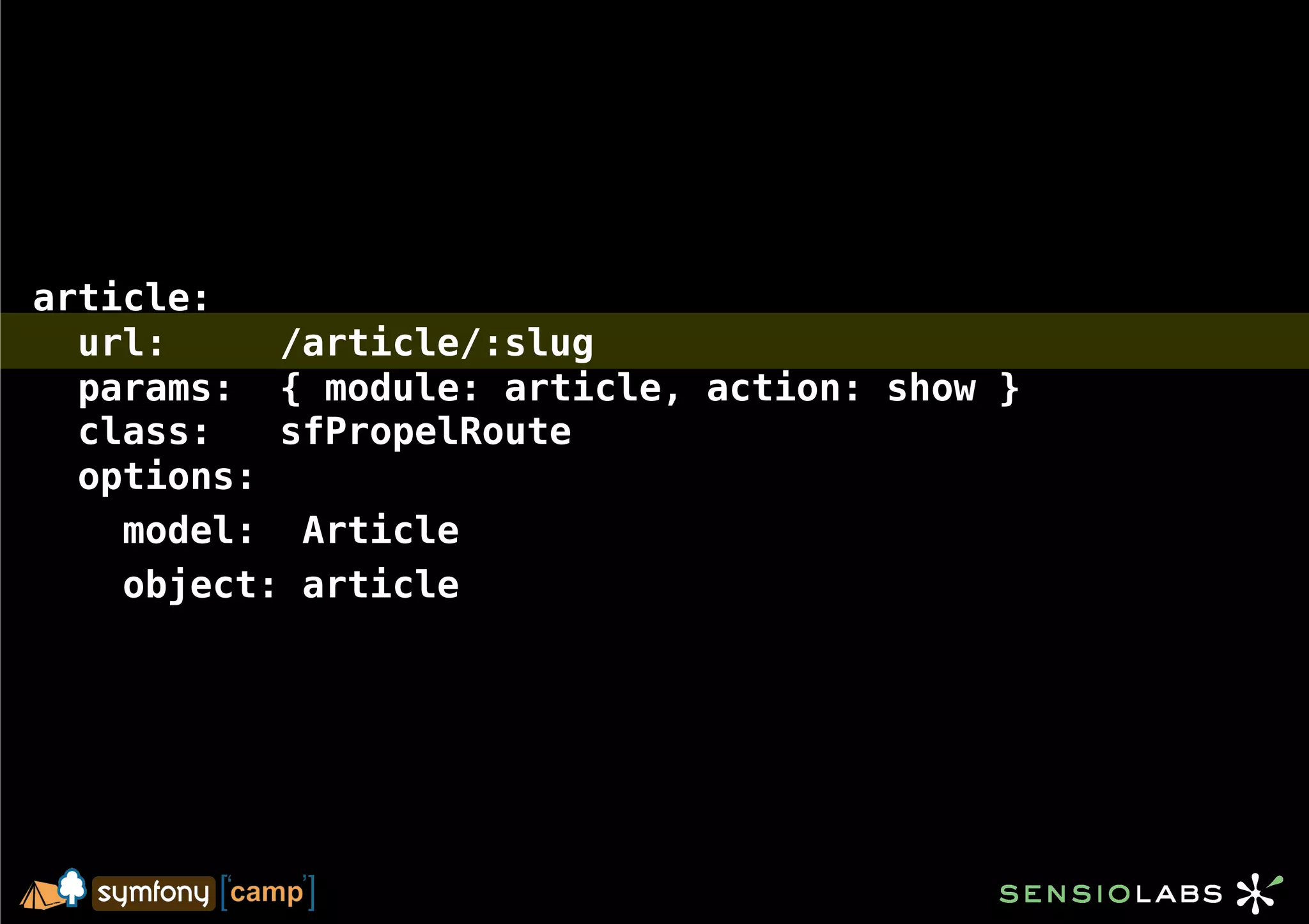 article:
  url:     /article/:slug
  params: { module: article, action: show }
  class:   sfPropelRoute
  options:
    model: Article
    object: article
 