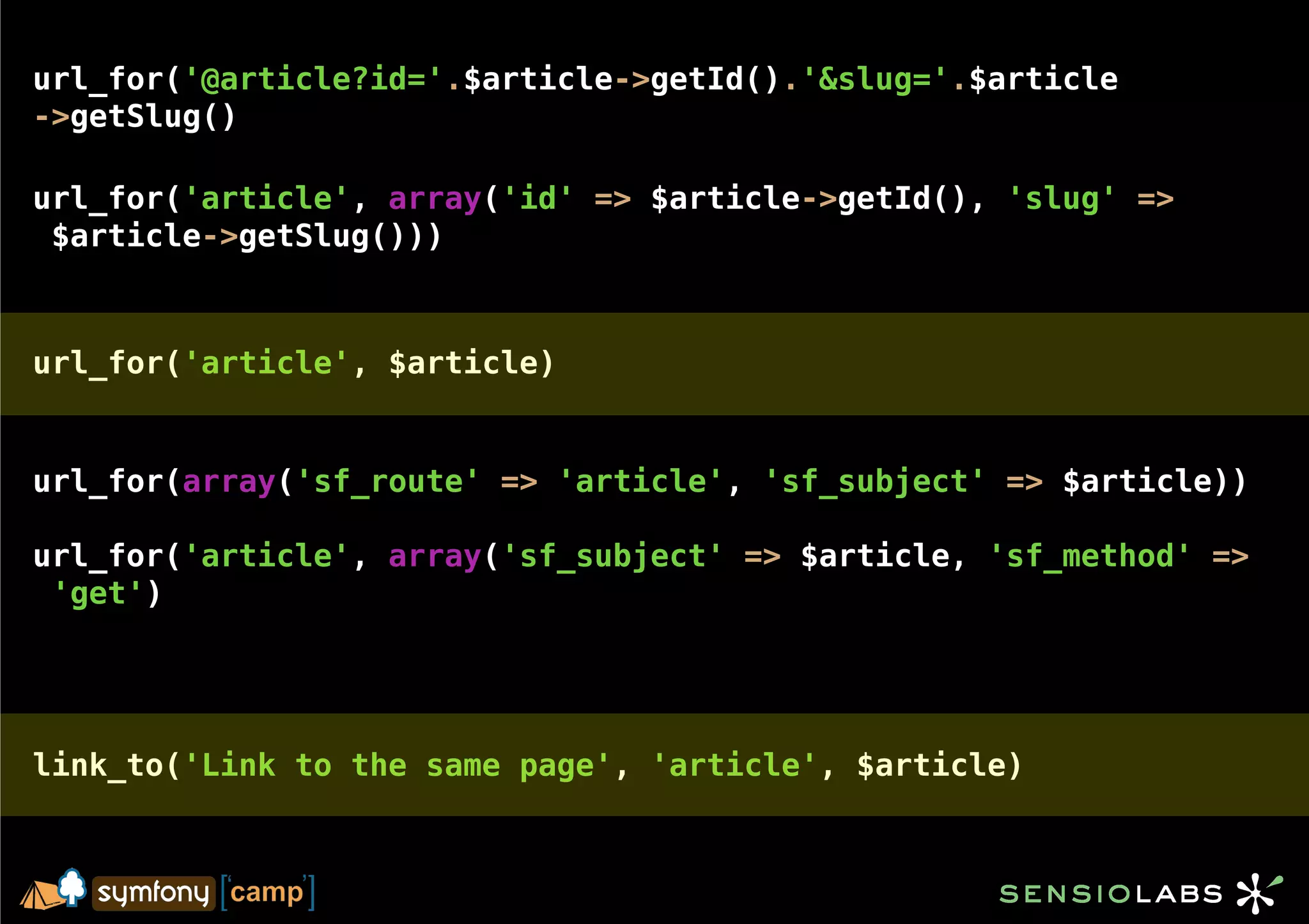 url_for('@article?id='.$article->getId().'&slug='.$article
->getSlug()

url_for('article', array('id' => $article->getId(), 'slug' =>
 $article->getSlug()))



url_for('article', $article)


url_for(array('sf_route' => 'article', 'sf_subject' => $article))

url_for('article', array('sf_subject' => $article, 'sf_method' =>
 'get')




link_to('Link to the same page', 'article', $article)
 