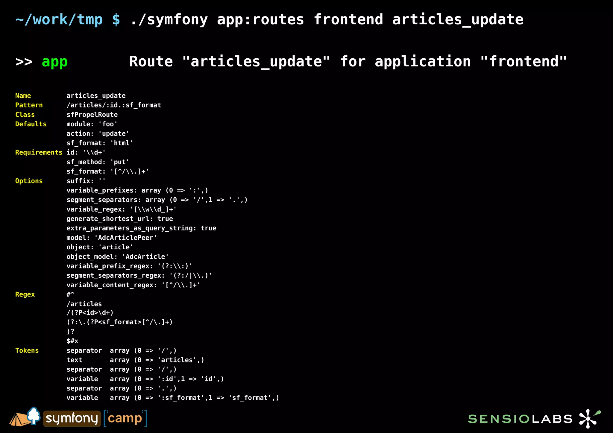 ~/work/tmp $ ./symfony app:routes frontend articles_update

>> app                      Route "articles_update" for application "frontend"

Name         articles_update
Pattern      /articles/:id.:sf_format
Class        sfPropelRoute
Defaults     module: 'foo'
             action: 'update'
             sf_format: 'html'
Requirements id: 'd+'
             sf_method: 'put'
             sf_format: '[^/.]+'
Options      suffix: ''
             variable_prefixes: array (0 => ':',)
             segment_separators: array (0 => '/',1 => '.',)
             variable_regex: '[wd_]+'
             generate_shortest_url: true
             extra_parameters_as_query_string: true
             model: 'AdcArticlePeer'
             object: 'article'
             object_model: 'AdcArticle'
             variable_prefix_regex: '(?::)'
             segment_separators_regex: '(?:/|.)'
             variable_content_regex: '[^/.]+'
Regex        #^
             /articles
             /(?P<id>d+)
             (?:.(?P<sf_format>[^/.]+)
             )?
             $#x
Tokens       separator array (0 => '/',)
             text       array (0 => 'articles',)
             separator array (0 => '/',)
             variable   array (0 => ':id',1 => 'id',)
             separator array (0 => '.',)
             variable   array (0 => ':sf_format',1 => 'sf_format',)
 