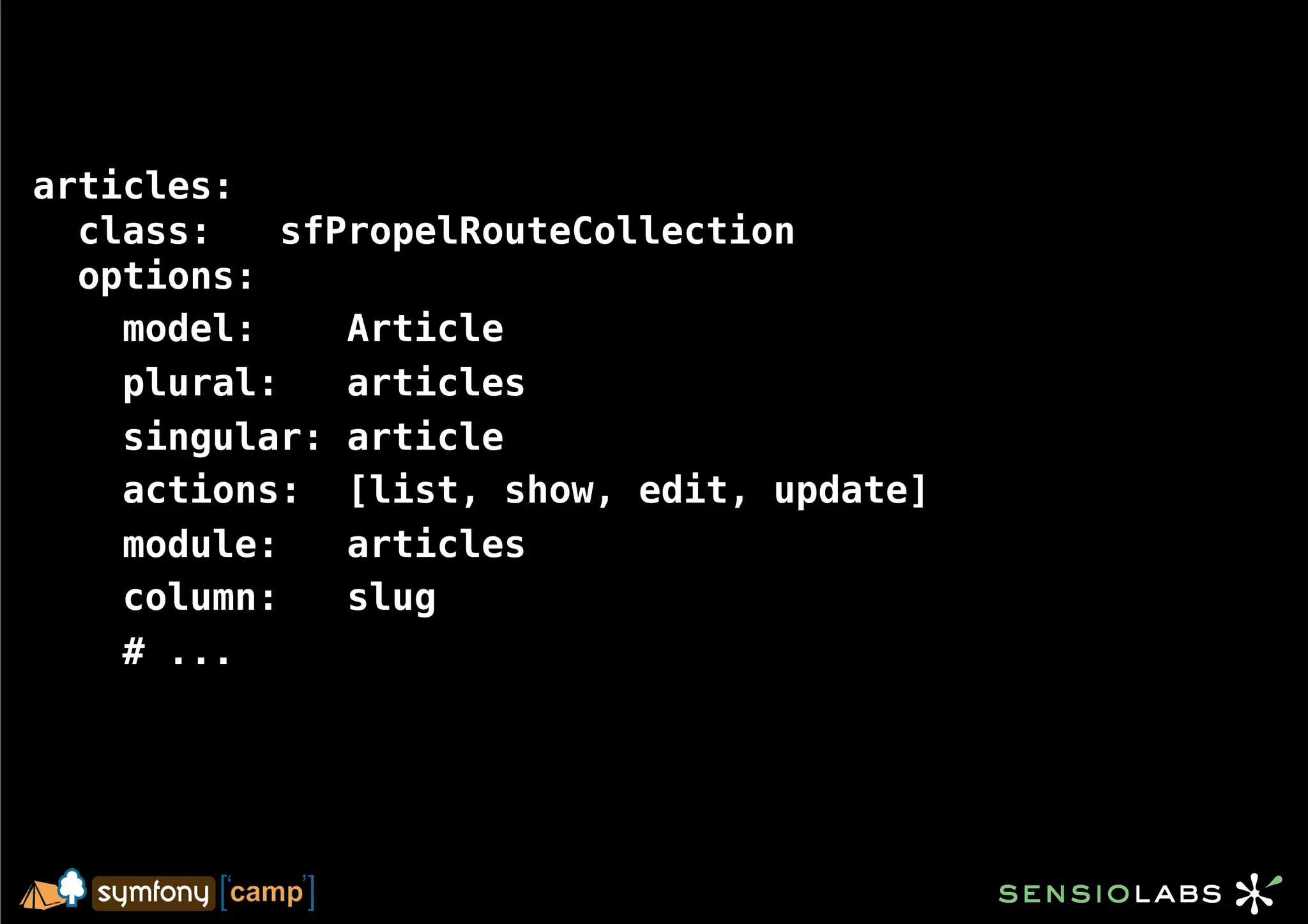 articles:
  class:    sfPropelRouteCollection
  options:
    model:     Article
    plural:    articles
    singular: article
    actions: [list, show, edit, update]
    module:    articles
    column:    slug
    # ...
 