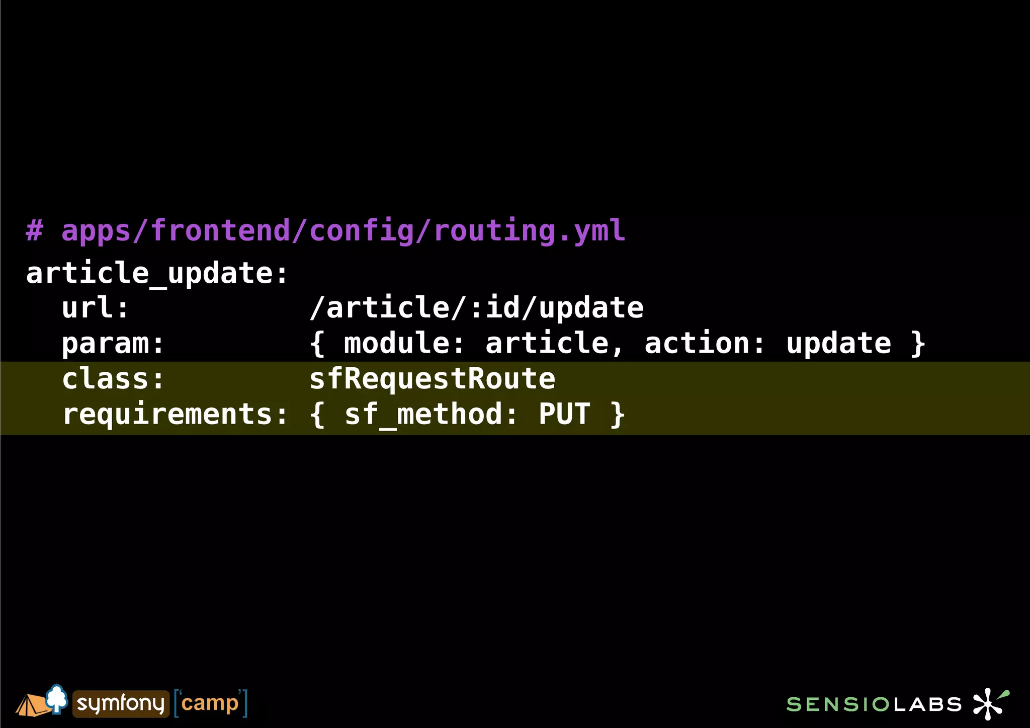 # apps/frontend/config/routing.yml
article_update:
  url:          /article/:id/update
  param:        { module: article, action: update }
  class:        sfRequestRoute
  requirements: { sf_method: PUT }
 