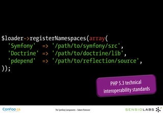 $loader->registerNamespaces(array(
  'Symfony' => '/path/to/symfony/src',
  'Doctrine' => '/path/to/doctrine/lib',
  'pdepend' => '/path/to/reflection/source',
));

                                                                PHP 5.3 technical
                                                            interoperability standards


                The Symfony Components – Fabien Potencier
 