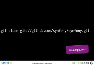 git clone git://github.com/symfony/symfony.git




                                                            Main repository


                The Symfony Components – Fabien Potencier
 