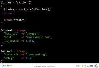 $loader = function ()
{
  $routes = new RouteCollection();
  // ...

  return $routes;
};

$context = array(
   'base_url'...