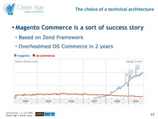 The choice of a technical architecture


      
          Magento Commerce is a sort of success story
          
              Based on Zend Framework
          
              Overhealmed OS Commerce in 2 years




Symfony Day – 4. Juni 2009
Clever Age | Xavier Lacot                                             17
 