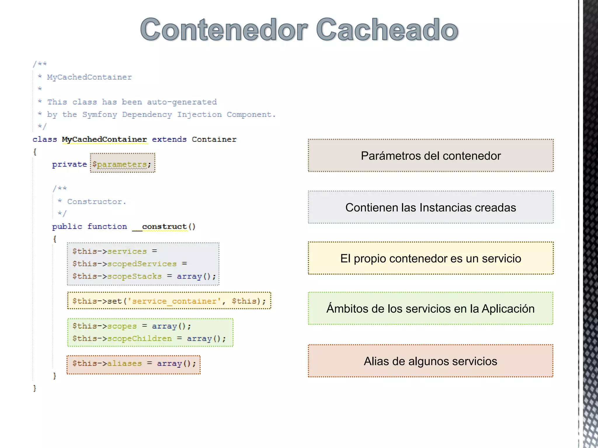 Parámetros del contenedor
Contienen las Instancias creadas
Ámbitos de los servicios en la Aplicación
El propio contenedor es un servicio
Alias de algunos servicios
 