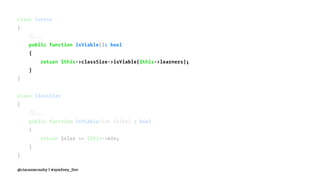 class Course
{
//...
public function isViable(): bool
{
return $this->classSize->isViable($this->learners);
}
}
class ClassSize
{
//...
public function isViable(int $size) : bool
{
return $size >= $this->min;
}
}
@ciaranmcnulty | #symfony_live
 