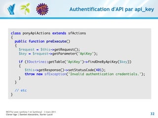 Authentification d'API par api_key



    class ponyApiActions extends sfActions
    {
      public function preExecute()
      {
        $request = $this->getRequest();
        $key = $request->getParameter('ApiKey');

            if (!Doctrine::getTable('ApiKey')->findOneByApiKey($key))
            {
               $this->getResponse()->setStatusCode(401);
               throw new sfException('Invalid authentication credentials.');
            }
        }

        // etc
    }




RESTful avec symfony 1 et Symfony2 – 3 mars 2011
Clever Age | Damien Alexandre, Xavier Lacot                                        32
 