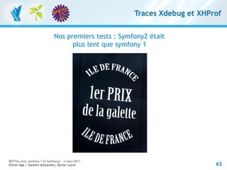 Traces Xdebug et XHProf


                              Nos premiers tests : Symfony2 était
                                    plus lent que symfony 1




RESTful avec symfony 1 et Symfony2 – 3 mars 2011
Clever Age | Damien Alexandre, Xavier Lacot                                 63
 