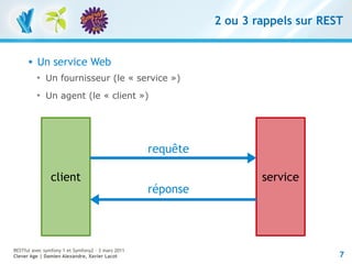 2 ou 3 rappels sur REST


         Un service Web
          
              Un fournisseur (le « service »)
          
              Un agent (le « client »)




                                                   requête

                client                                               service
                                                   réponse




RESTful avec symfony 1 et Symfony2 – 3 mars 2011
Clever Age | Damien Alexandre, Xavier Lacot                                        7
 