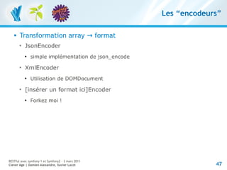 Les “encodeurs”

      Transformation array → format
       
           JsonEncoder
           
               simple i...