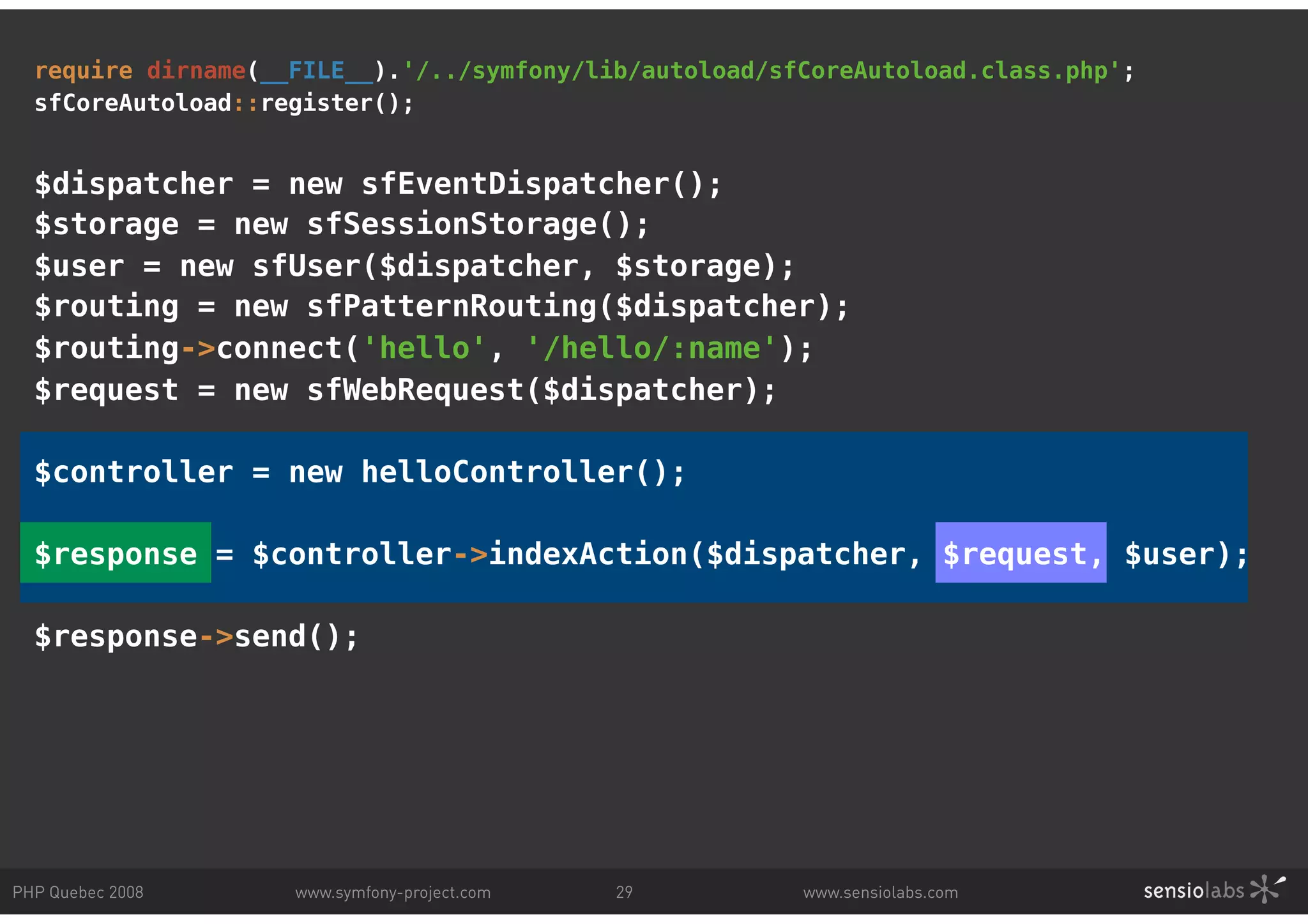 require dirname(__FILE__).'/../symfony/lib/autoload/sfCoreAutoload.class.php'; sfCoreAutoload::register(); $dispatcher = new sfEventDispatcher(); $storage = new sfSessionStorage(); $user = new sfUser($dispatcher, $storage); $routing = new sfPatternRouting($dispatcher); $routing->connect('hello', '/hello/:name'); $request = new sfWebRequest($dispatcher); $controller = new helloController(); $response = $controller->indexAction($dispatcher, $request, $user); $response->send(); PHP Quebec 2008 www.symfony-project.com 29 www.sensiolabs.com 