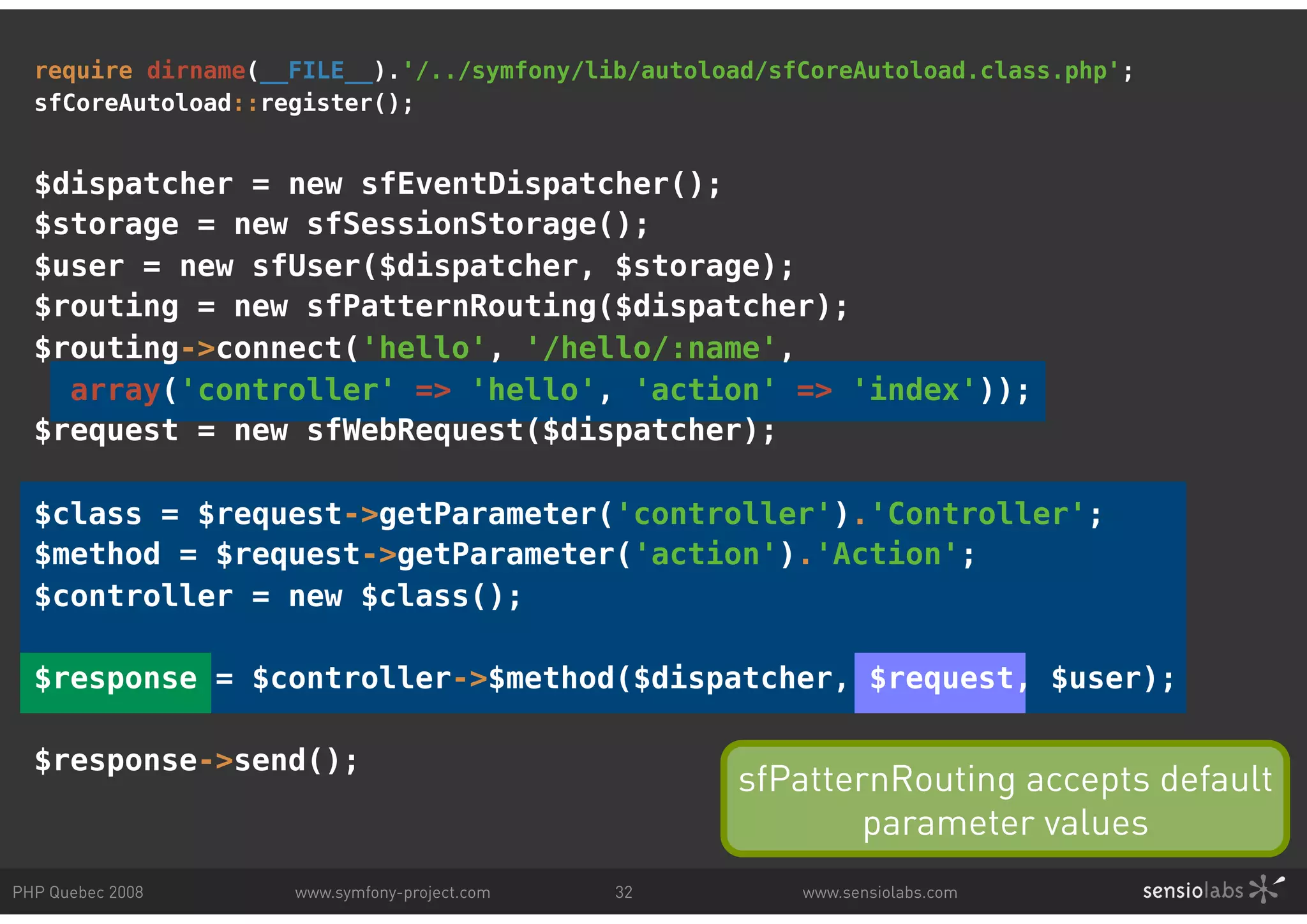 require dirname(__FILE__).'/../symfony/lib/autoload/sfCoreAutoload.class.php'; sfCoreAutoload::register(); $dispatcher = new sfEventDispatcher(); $storage = new sfSessionStorage(); $user = new sfUser($dispatcher, $storage); $routing = new sfPatternRouting($dispatcher); $routing->connect('hello', '/hello/:name', array('controller' => 'hello', 'action' => 'index')); $request = new sfWebRequest($dispatcher); $class = $request->getParameter('controller').'Controller'; $method = $request->getParameter('action').'Action'; $controller = new $class(); $response = $controller->$method($dispatcher, $request, $user); $response->send(); sfPatternRouting accepts default parameter values PHP Quebec 2008 www.symfony-project.com 32 www.sensiolabs.com 