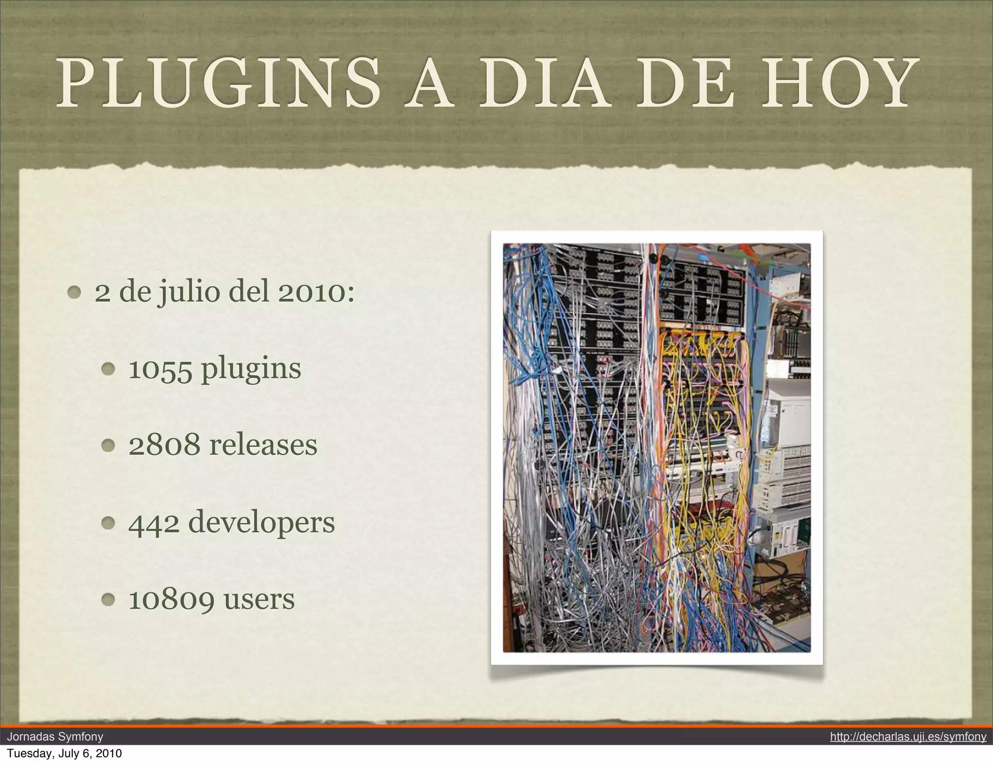 PLUGINS A DIA DE HOY

               2 de julio del 2010:

                        1055 plugins

                        2808 releases

                        442 developers

                        10809 users



Jornadas Symfony                         http://decharlas.uji.es/symfony
Tuesday, July 6, 2010
 