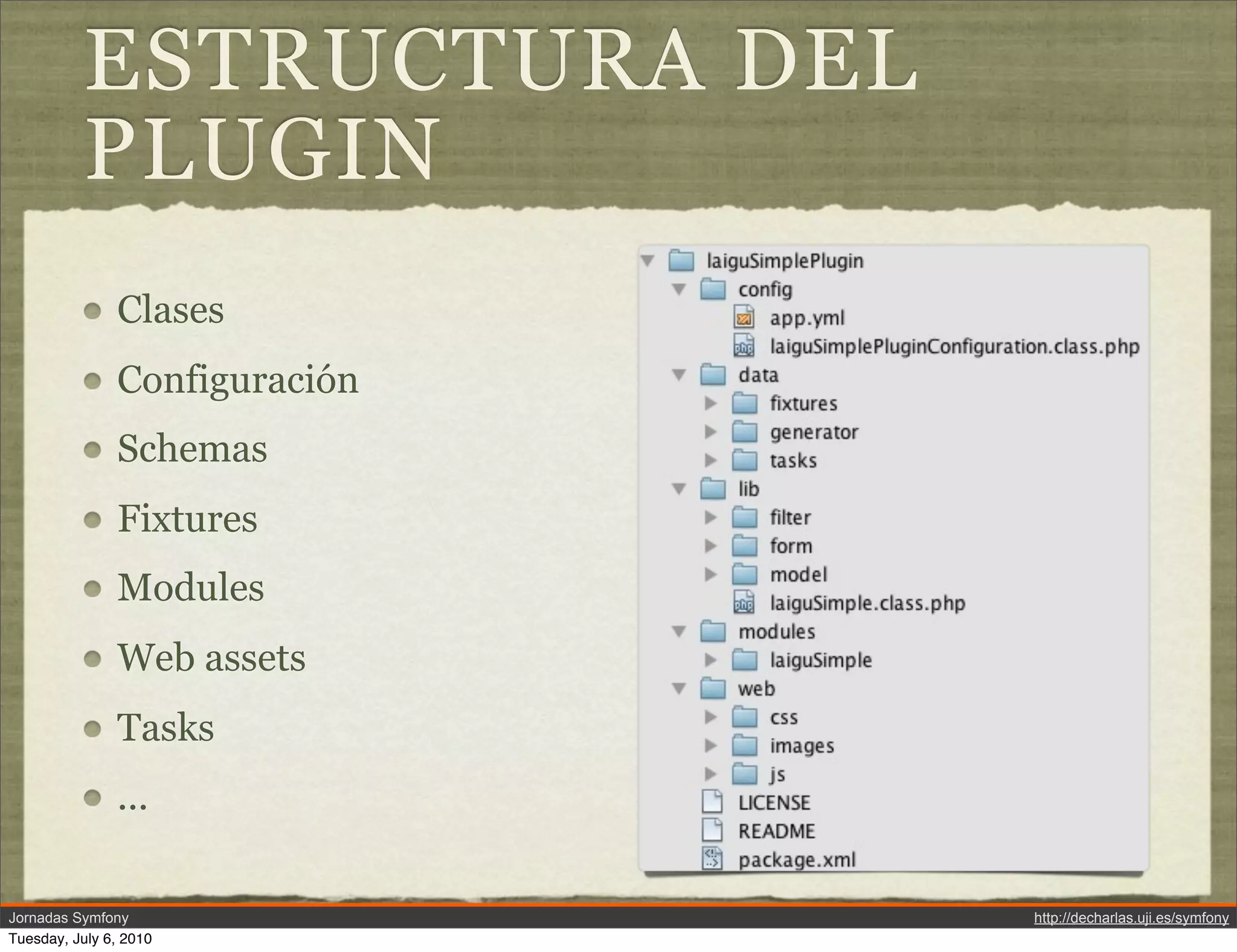 ESTRUCTURA DEL
          PLUGIN
               Clases
               Configuraci&oacute;n
               Schemas
               Fixtures
               Modules
               Web assets
               Tasks
               ...

Jornadas Symfony               http://decharlas.uji.es/symfony
Tuesday, July 6, 2010
 
