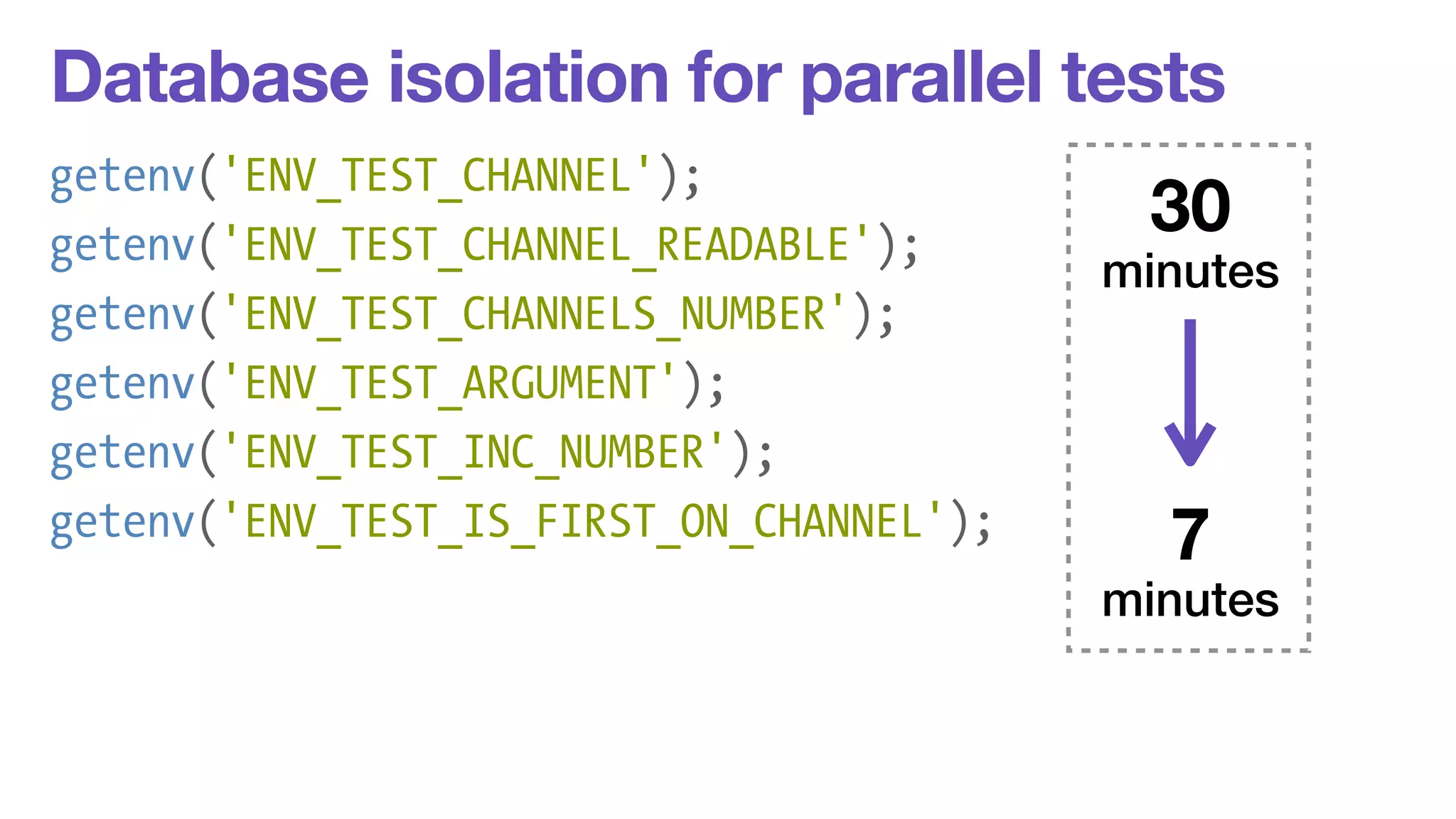 Database isolation for parallel tests 
getenv('ENV_TEST_CHANNEL'); 
getenv('ENV_TEST_CHANNEL_READABLE'); 
getenv('ENV_TEST_CHANNELS_NUMBER'); 
getenv('ENV_TEST_ARGUMENT'); 
getenv('ENV_TEST_INC_NUMBER'); 
getenv('ENV_TEST_IS_FIRST_ON_CHANNEL'); 
30 
minutes 
7 
minutes 
 