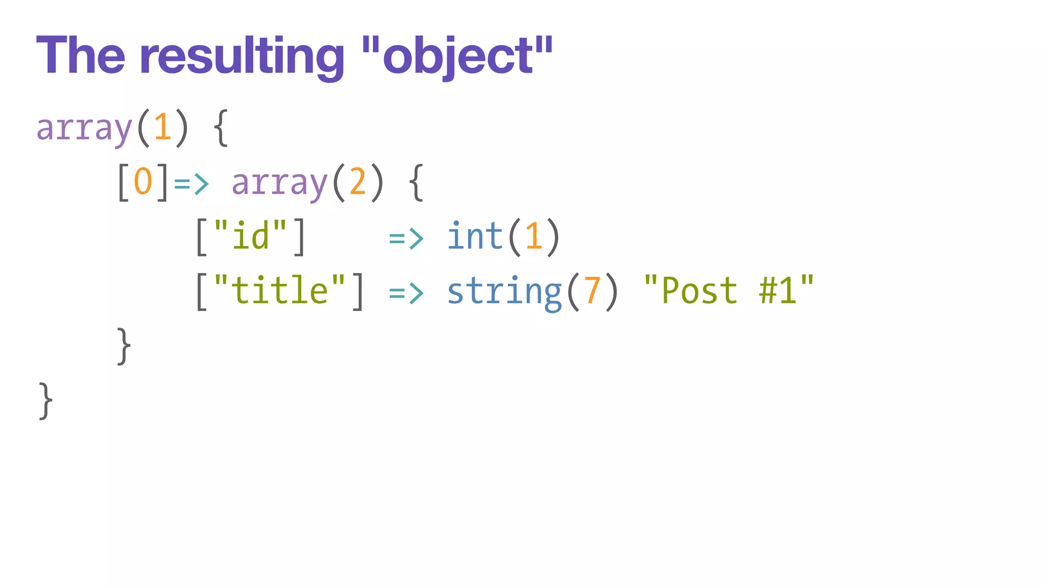 The resulting "object" 
array(1) { 
[0]=> array(2) { 
["id"] => int(1) 
["title"] => string(7) "Post #1" 
} 
} 
 