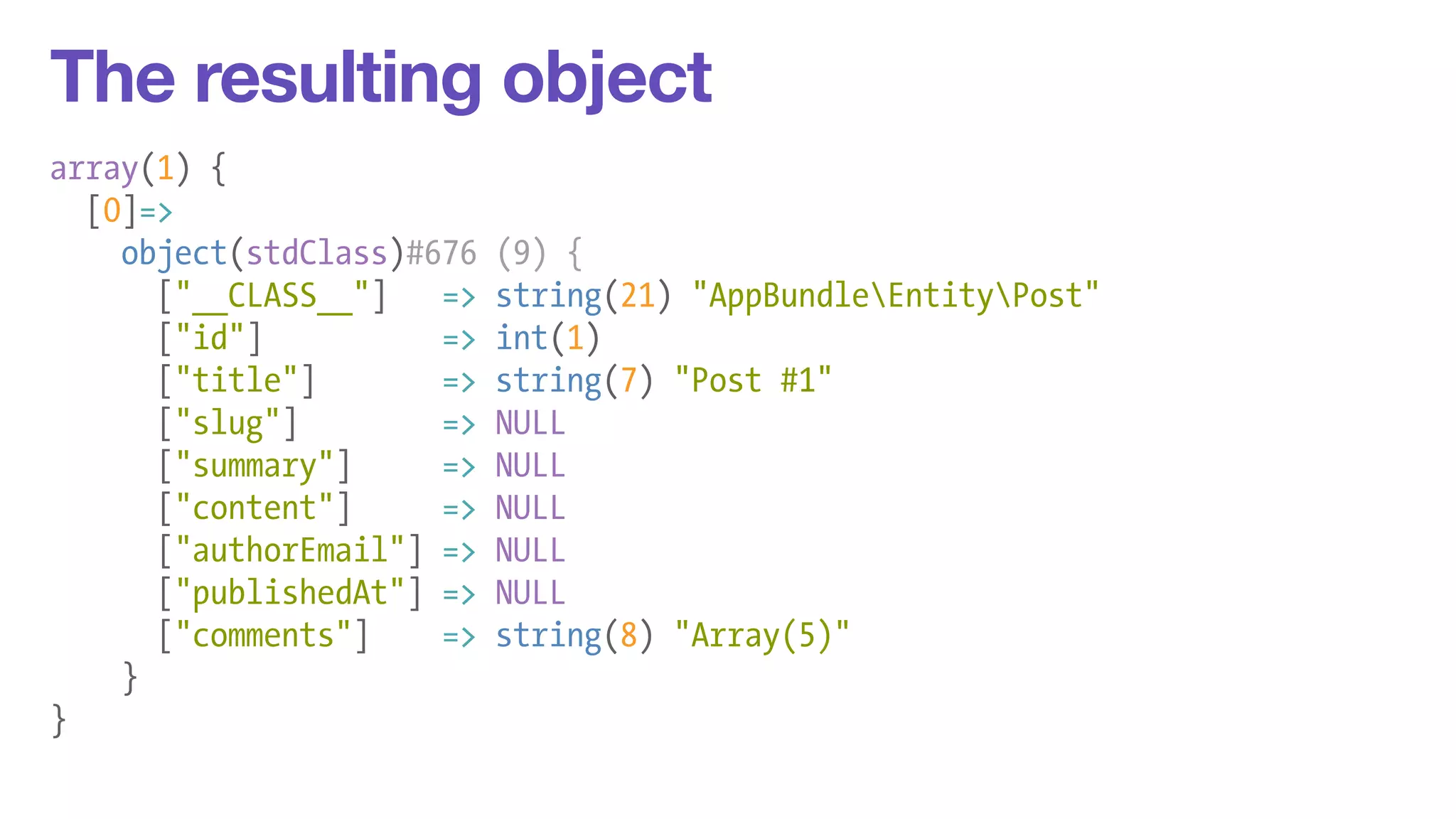 The resulting object 
array(1) { 
[0]=> 
object(stdClass)#676 (9) { 
["__CLASS__"] => string(21) "AppBundleEntityPost" 
["id"] => int(1) 
["title"] => string(7) "Post #1" 
["slug"] => NULL 
["summary"] => NULL 
["content"] => NULL 
["authorEmail"] => NULL 
["publishedAt"] => NULL 
["comments"] => string(8) "Array(5)" 
} 
} 
 