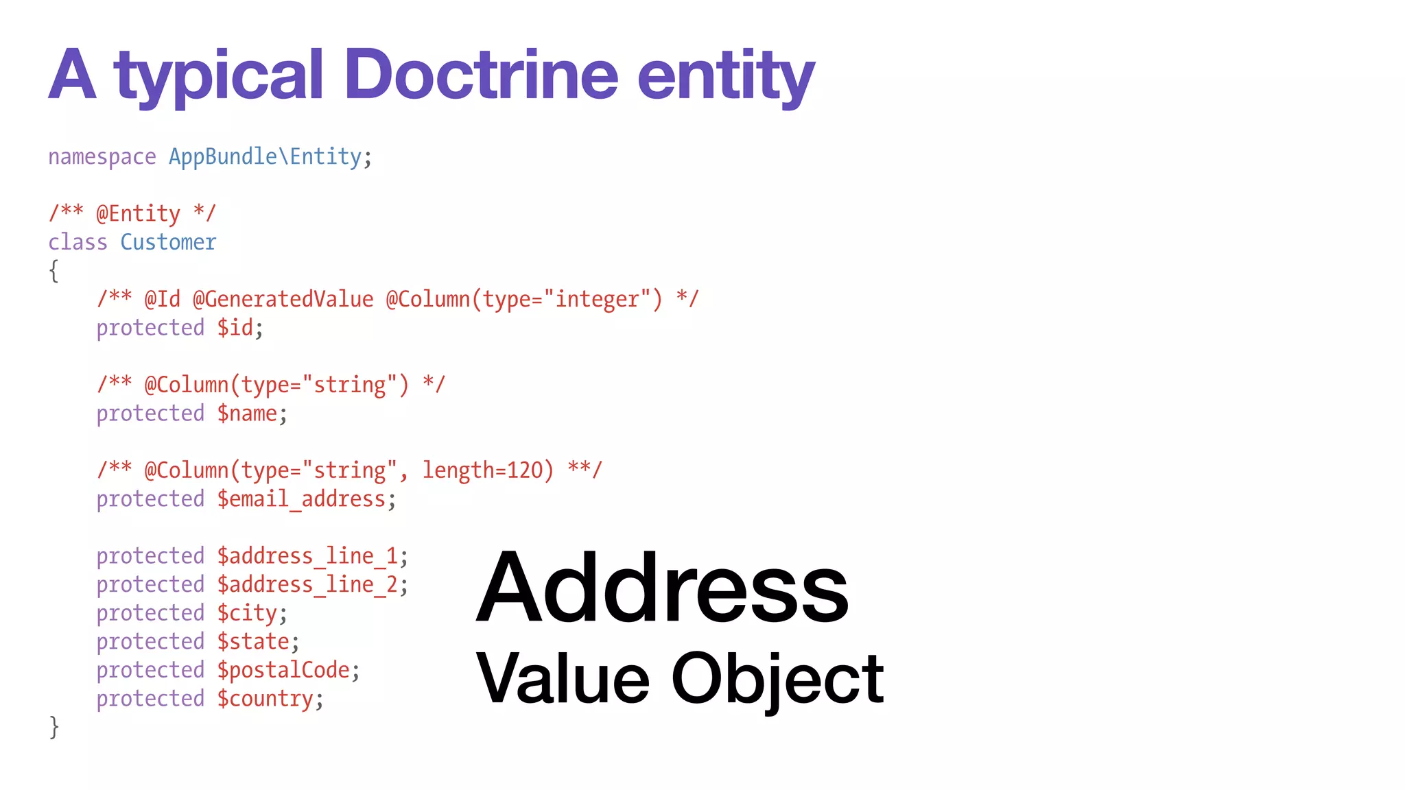 A typical Doctrine entity 
namespace AppBundleEntity; 
! 
/** @Entity */ 
class Customer 
{ 
/** @Id @GeneratedValue @Column(type="integer") */ 
protected $id; 
! 
/** @Column(type="string") */ 
protected $name; 
! 
/** @Column(type="string", length=120) **/ 
protected $email_address; 
! 
protected $address_line_1; 
protected $address_line_2; 
protected $city; 
protected $state; 
protected $postalCode; 
protected $country; 
} 
Address 
Value Object 
 