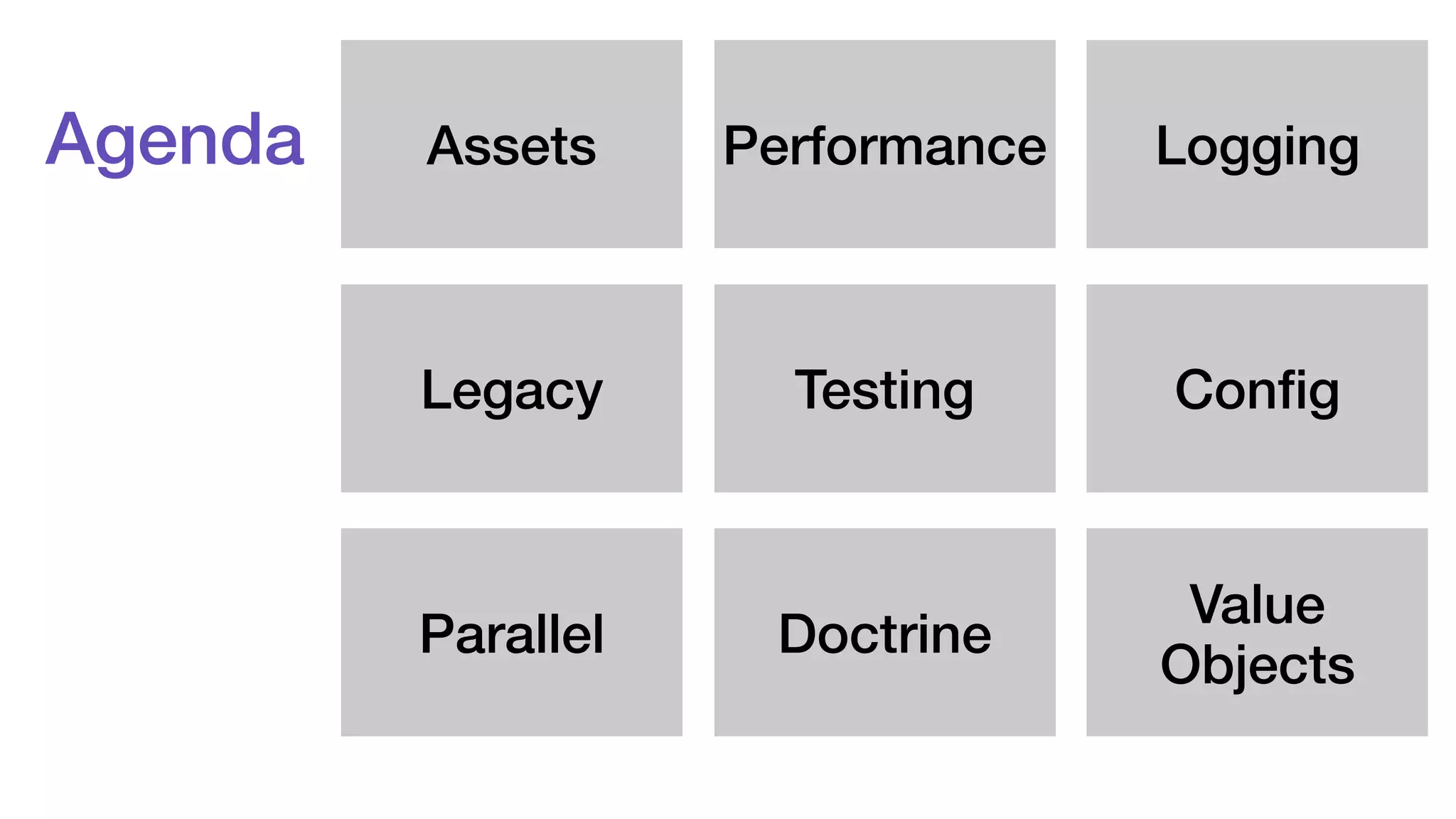 Agenda Assets Performance Logging 
Legacy Testing Config 
Parallel Doctrine Value 
Objects 
 