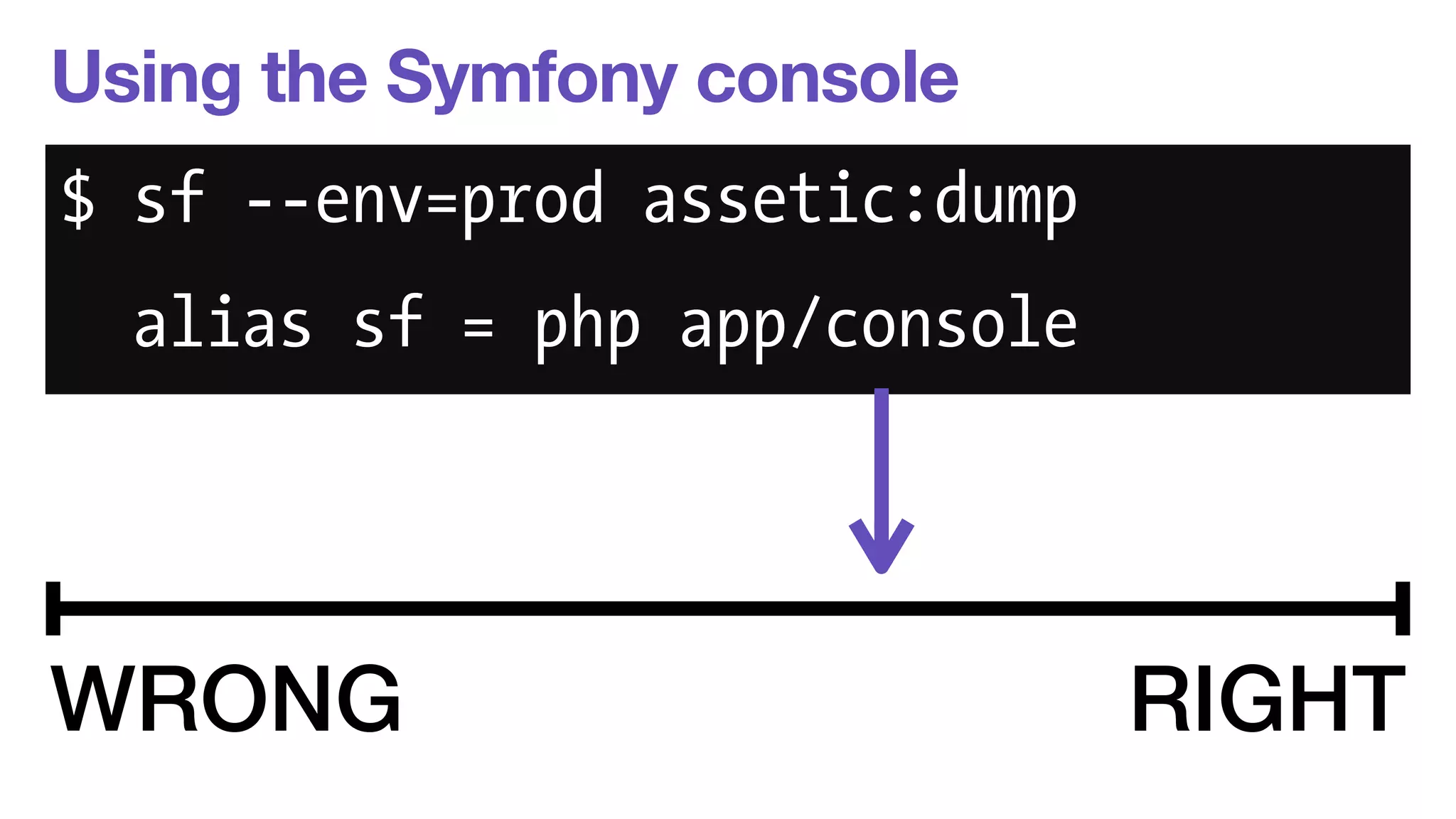 Using the Symfony console 
$ sf --env=prod assetic:dump 
alias sf = php app/console 
WRONG RIGHT 
 