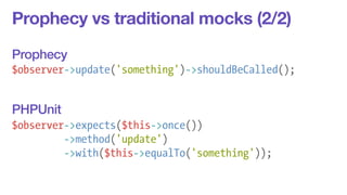 Prophecy vs traditional mocks (2/2) 
! 
Prophecy 
! 
$observer->update('something')->shouldBeCalled(); 
! 
! 
! 
$observer->expects($this->once()) 
->method('update') 
->with($this->equalTo('something')); 
PHPUnit 
 