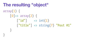 The resulting "object" 
array(1) { 
[0]=> array(2) { 
["id"] => int(1) 
["title"] => string(7) "Post #1" 
} 
} 
 