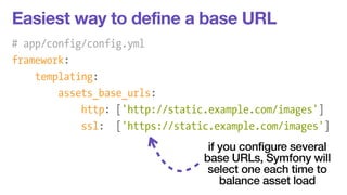 Easiest way to define a base URL 
# app/config/config.yml 
framework: 
templating: 
assets_base_urls: 
http: ['http://static.example.com/images'] 
ssl: ['https://static.example.com/images'] 
if you configure several 
base URLs, Symfony will 
select one each time to 
balance asset load 
 