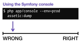 Using the Symfony console 
$ php app/console --env=prod 
assetic:dump 
WRONG RIGHT 
 