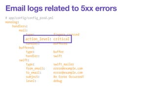 Email logs related to 5xx errors 
# app/config/config_prod.yml 
monolog: 
handlers: 
mail: 
type: fingers_crossed 
action_level: critical 
handler: buffered 
buffered: 
type: buffer 
handler: swift 
swift: 
type: swift_mailer 
from_email: error@example.com 
to_email: error@example.com 
subject: An Error Occurred! 
level: debug 
 