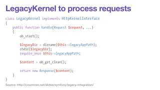 LegacyKernel to process requests 
class LegacyKernel implements HttpKernelInterface 
{ 
public function handle(Request $request, ...) 
{ 
ob_start(); 
! 
$legacyDir = dirname($this->legacyAppPath); 
chdir($legacyDir); 
require_once $this->legacyAppPath; 
! 
$content = ob_get_clean(); 
! 
return new Response($content); 
} 
} 
Source: http://cvuorinen.net/slides/symfony-legacy-integration/ 
 