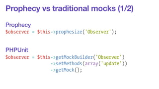 Prophecy vs traditional mocks (1/2) 
! 
! 
$observer = $this->prophesize('Observer'); 
! 
! 
! 
$observer = $this->getMock...