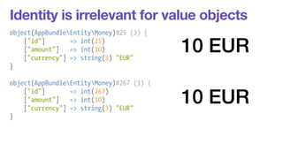 Identity is irrelevant for value objects 
object(AppBundleEntityMoney)#25 (3) { 
["id"] => int(25) 
["amount"] => int(10) ...