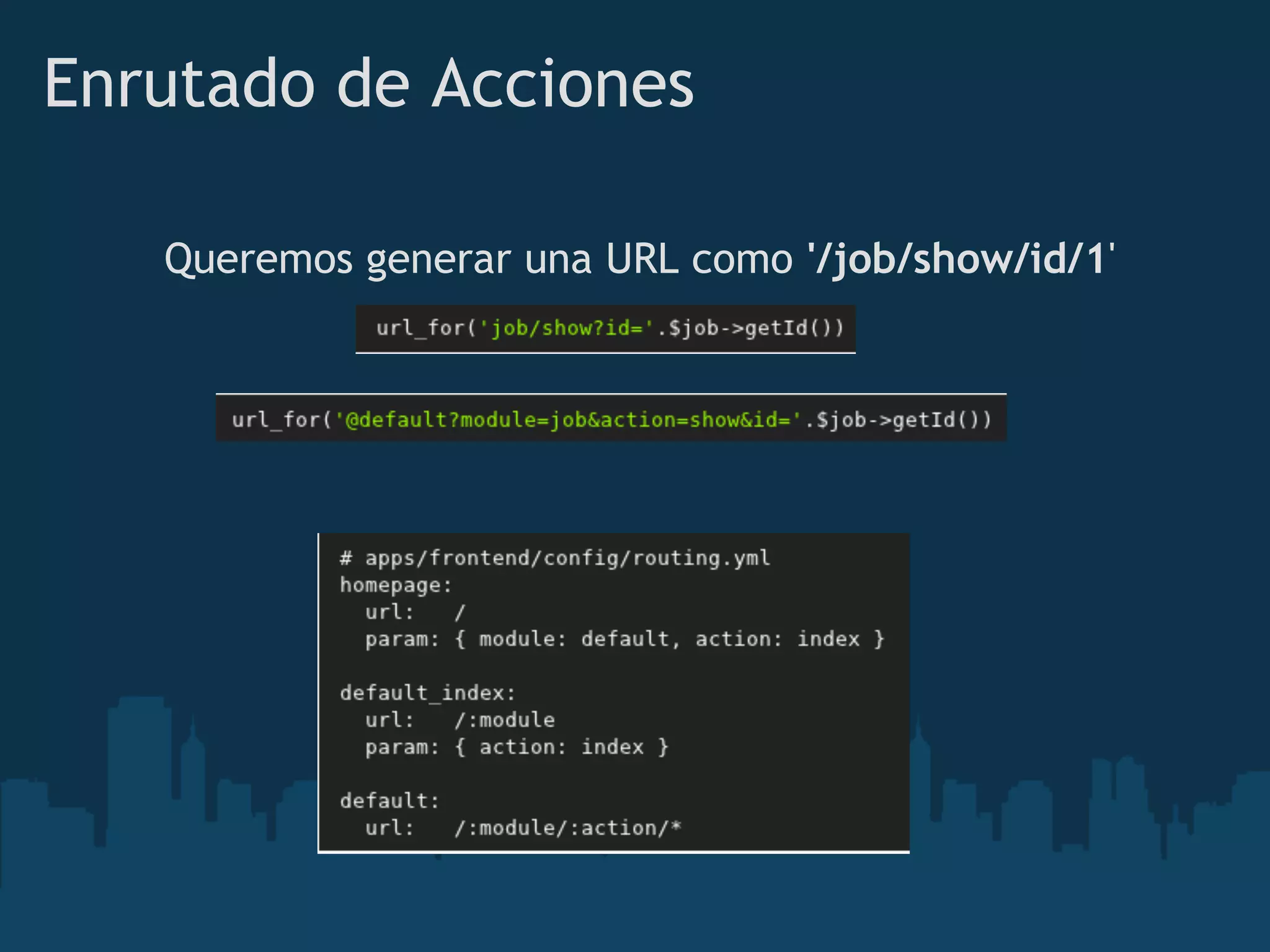 Enrutado de Acciones
Queremos generar una URL como '/job/show/id/1'
 