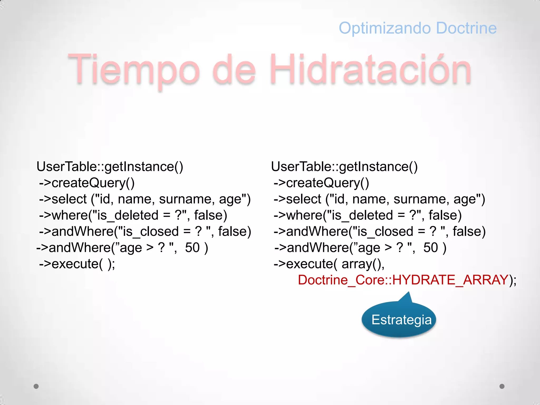 Tiempo de HidrataciónOptimizando DoctrineUserTable::getInstance()        ->createQuery()        ->select ("id, name, surname, age")        ->where("is_deleted = ?", false)        ->andWhere("is_closed = ? ", false) ->andWhere(”age > ? ",  50 )->execute( array(), Doctrine_Core::HYDRATE_ARRAY);UserTable::getInstance()        ->createQuery()        ->select ("id, name, surname, age")        ->where("is_deleted = ?", false)        ->andWhere("is_closed = ? ", false)	->andWhere(”age > ? ",  50 )->execute( );Estrategia