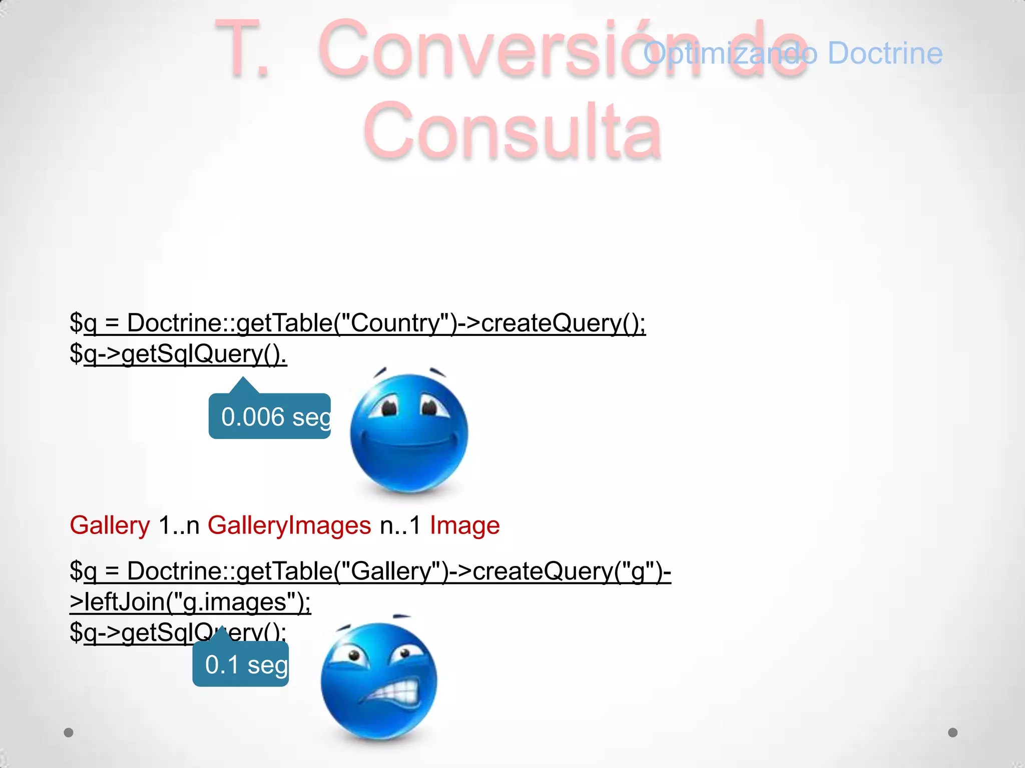 T.  Conversión de ConsultaOptimizando Doctrine$q = Doctrine::getTable("Country")->createQuery();$q->getSqlQuery().0.006 segGallery1..n GalleryImagesn..1 Image$q= Doctrine::getTable("Gallery")->createQuery("g")->leftJoin("g.images");$q->getSqlQuery();0.1 seg