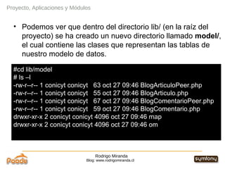 Rodrigo Miranda Blog: www.rodrigomiranda.cl Podemos ver que dentro del directorio lib/ (en la raíz del proyecto) se ha creado un nuevo directorio llamado  model/ , el cual contiene las clases que representan las tablas de nuestro modelo de datos. Proyecto, Aplicaciones y Módulos #cd lib/model # ls –l -rw-r--r-- 1 conicyt conicyt  63 oct 27 09:46 BlogArticuloPeer.php -rw-r--r-- 1 conicyt conicyt  55 oct 27 09:46 BlogArticulo.php -rw-r--r-- 1 conicyt conicyt  67 oct 27 09:46 BlogComentarioPeer.php -rw-r--r-- 1 conicyt conicyt  59 oct 27 09:46 BlogComentario.php drwxr-xr-x 2 conicyt conicyt 4096 oct 27 09:46 map drwxr-xr-x 2 conicyt conicyt 4096 oct 27 09:46 om 