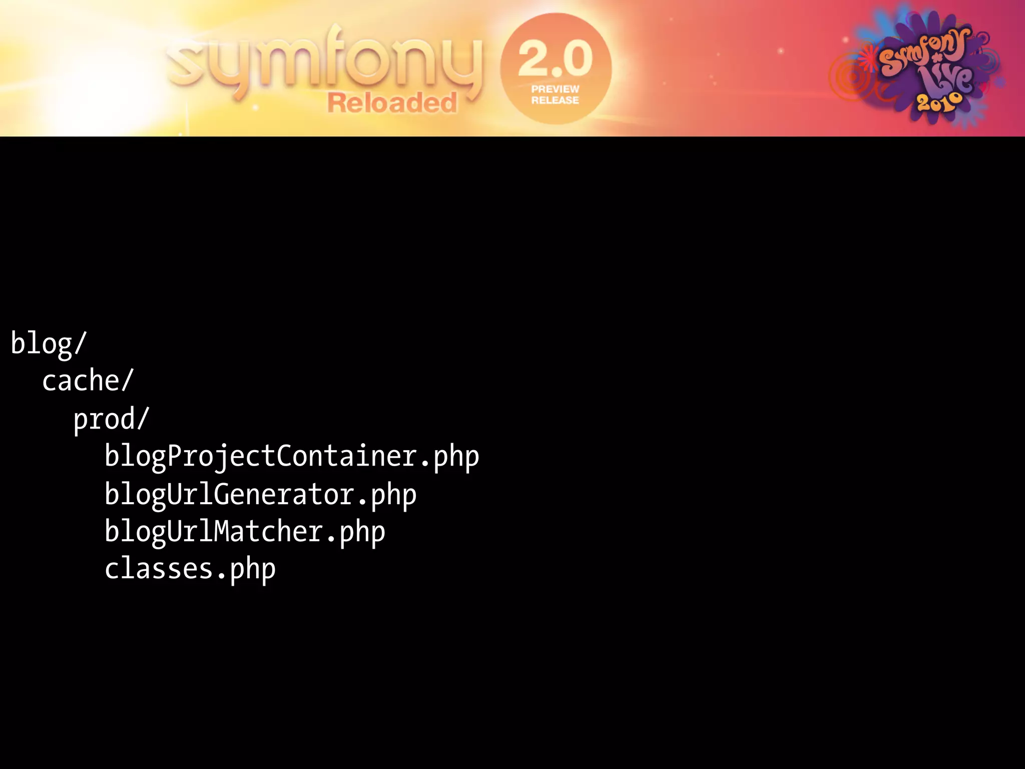 blog/
  cache/
    prod/
      blogProjectContainer.php
      blogUrlGenerator.php
      blogUrlMatcher.php
      classes.php
 